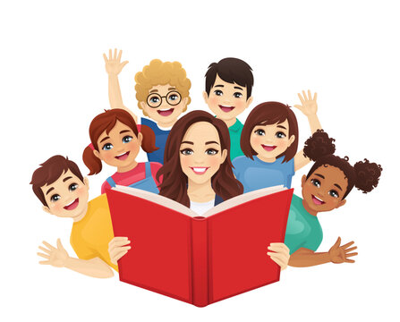 Cute kids reading big story book with female teacher isolated vector illustration