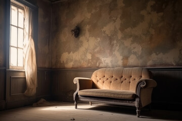 Empty Room with Couch and pealing wallpaper created with Generative AI