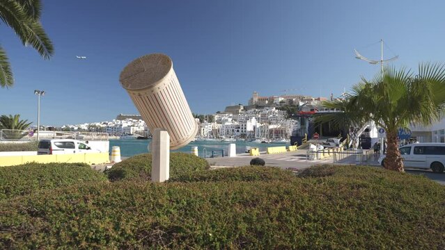 Harbour boats and Cathedral above Dalt Vila old town, Ibiza Town, Ibiza, Balearic Islands, Spain