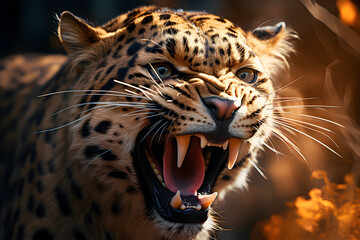 Powerful Panthera roaring, displaying aggression and anger with open mouth and sharp teeth - AI generated

