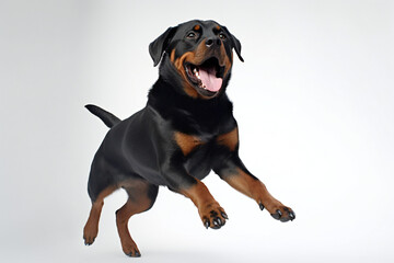 Happy Rottweiler dog jumping on a white background. Banner concept for pet shop, e commerce pet, veterinary clinics. Generative AI. 