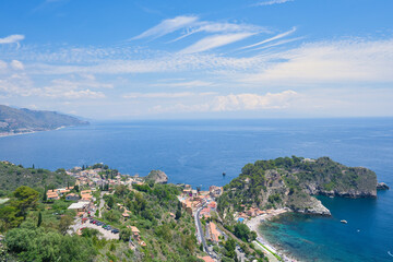 Fototapeta na wymiar View of Isola Bella in Taormina, Sicily, Italy, blue sea