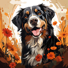 Bernese Mountain Dog with flowers close-up watercolor illustration.
