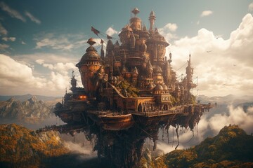 A vibrant and fantastical steampunk city sits atop a magical landscape shrouded by clouds. Generative AI