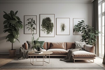 Contemporary living room with brown poster frame, sofa, and green plants on white wall. Generative AI