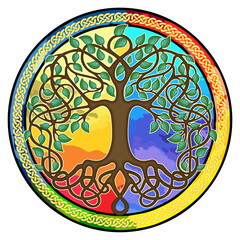 Tree of Life with celtic circle colorfull watercolor.