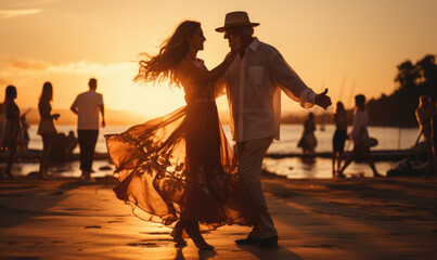 Romantic Sunset: An Elderly Couple Dances with Joy and Intimacy on the Beach, Celebrating Love's Timeless Beauty
 - obrazy, fototapety, plakaty
