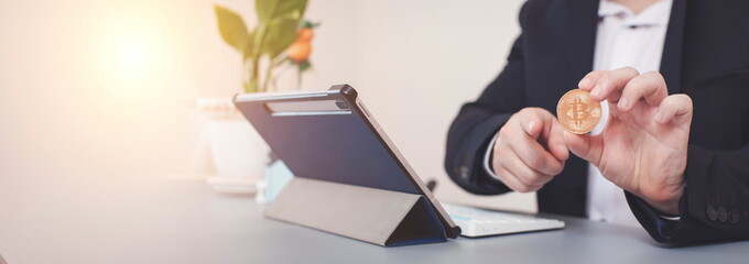 Crypto trader investor analyst , holding gold bitcoins. Checks and controls the financial database