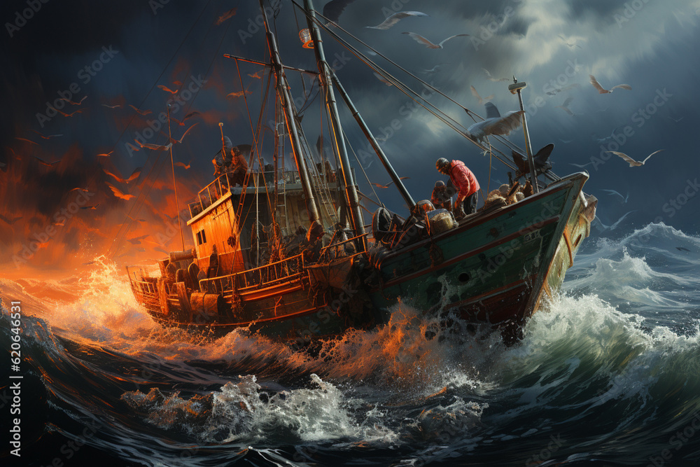 Aufkleber a crew of fishermen aboard a fishing trawler, busy hauling in nets filled with a bountiful catch of 