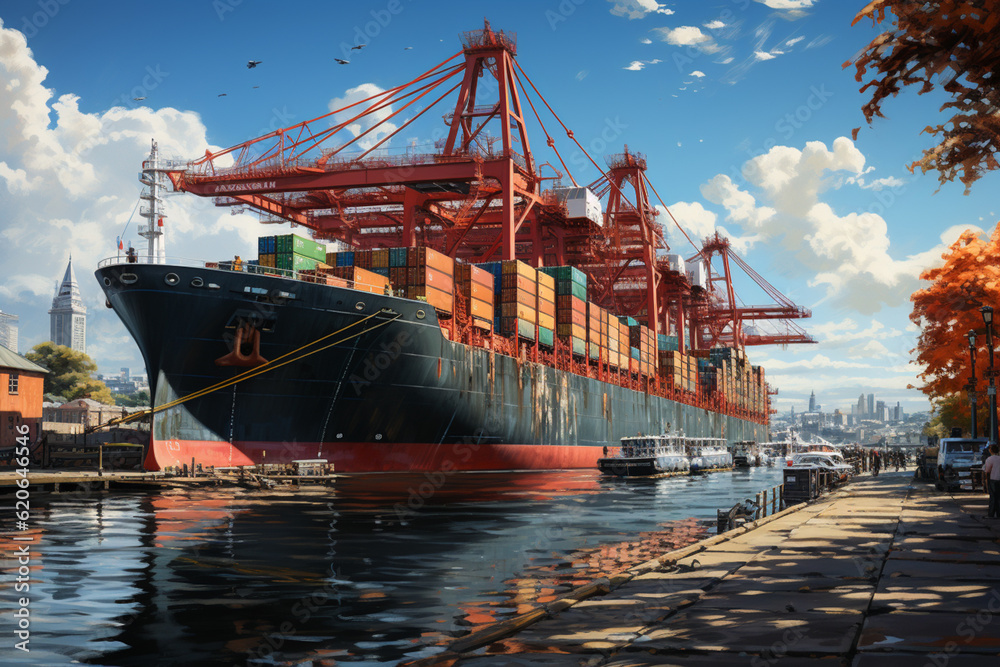 Poster a cargo ship being loaded with shipping containers at a bustling port, highlighting the role of seaf