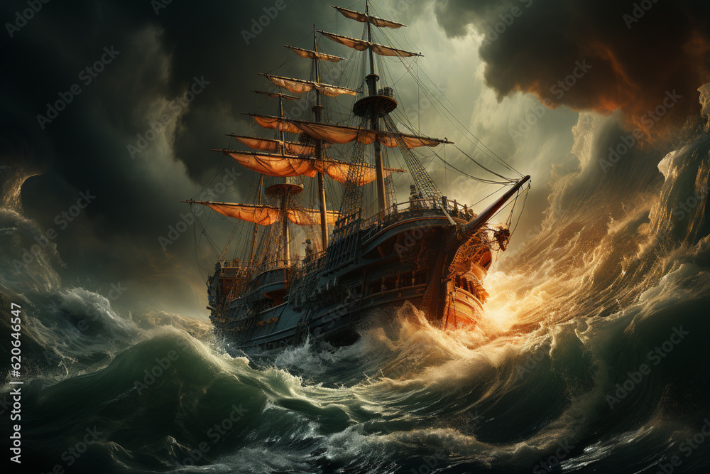 Poster a dramatic storm at sea, with towering waves crashing against a ship, emphasizing the challenges and