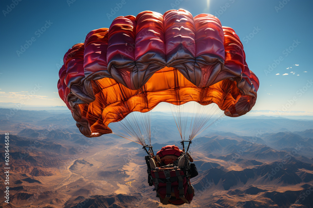 Aufkleber A skydiver gracefully descending through the air with a colorful parachute, capturing the excitement and thrill of freefall.  Generative AI technology.