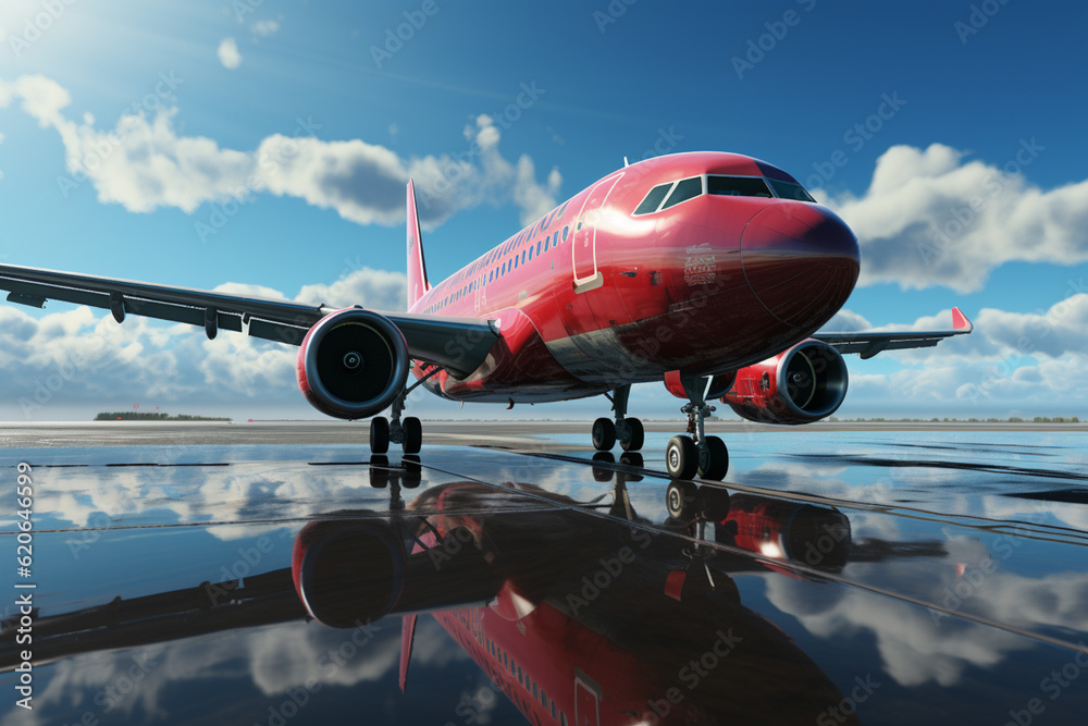 Poster a commercial airliner coming in for a landing, with its landing gear deployed, ready to touch down o