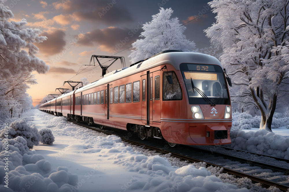 Poster a train passing through a snow-covered landscape, leaving tracks behind and creating a picturesque s