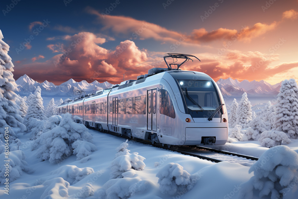 Aufkleber a train passing through a snow-covered landscape, leaving tracks behind and creating a picturesque s