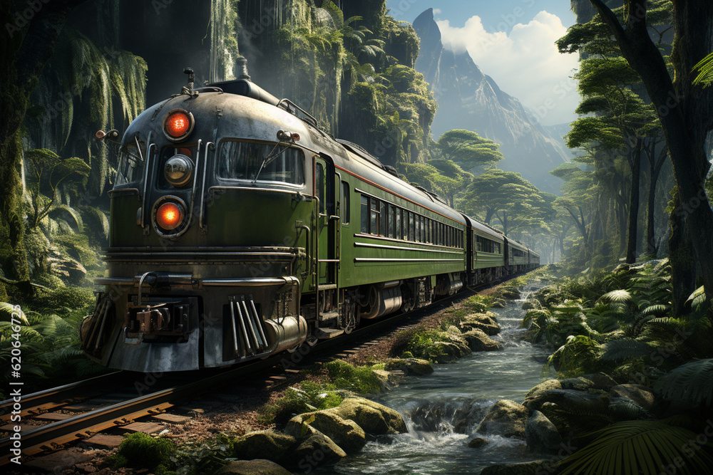 Poster a train traveling through a dense forest, surrounded by lush greenery and tall trees. generative ai 