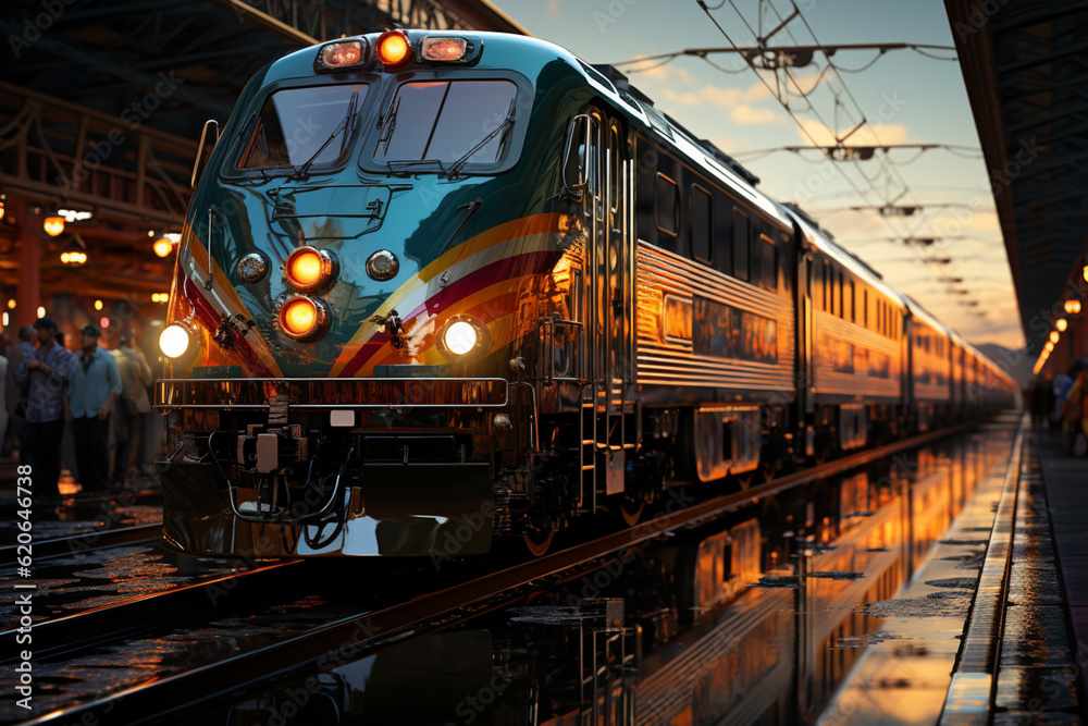 Poster a train depot with rows of parked trains, showcasing the variety of locomotives and carriages. gener