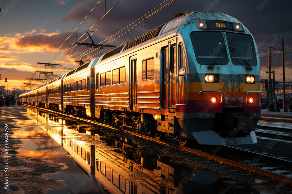 Poster a train depot with rows of parked trains, showcasing the variety of locomotives and carriages. gener