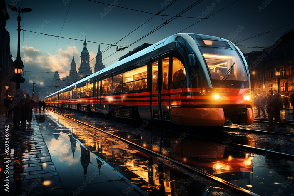 Poster A time-lapse image of trains coming and going at a busy railway junction, capturing the constant movement and activity.  Generative AI technology.