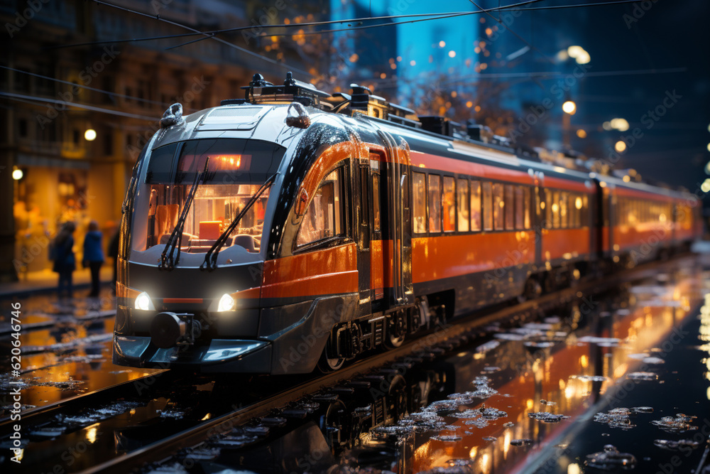 Aufkleber A time-lapse image of trains coming and going at a busy railway junction, capturing the constant movement and activity.  Generative AI technology.