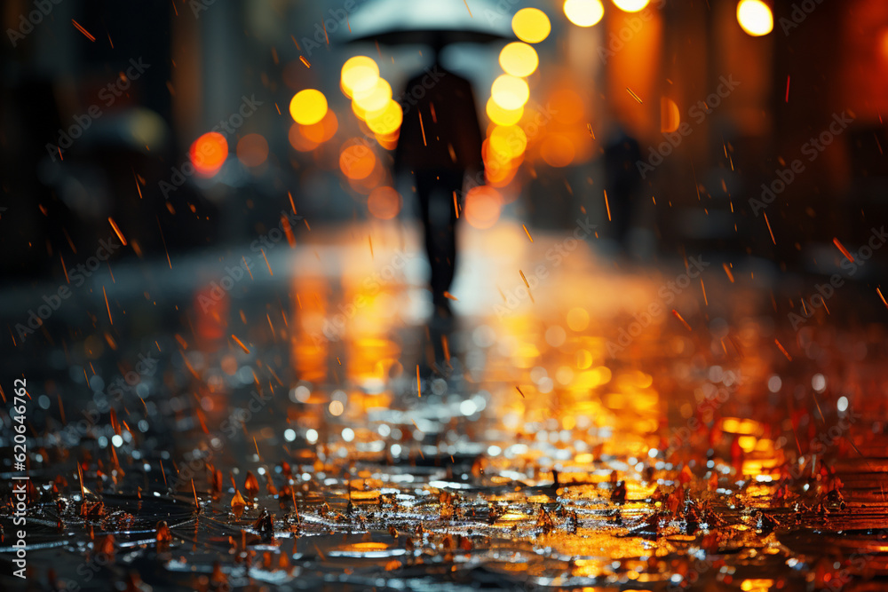 Aufkleber a person walking in the rain, holding an umbrella, with raindrops creating ripples on the ground. ge