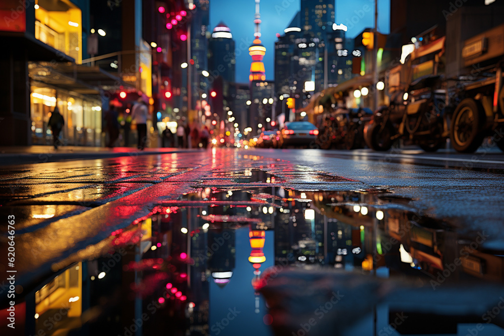 Aufkleber Raindrops falling on a city street, reflecting the colorful lights of traffic and creating a vibrant atmosphere. Generative AI technology.