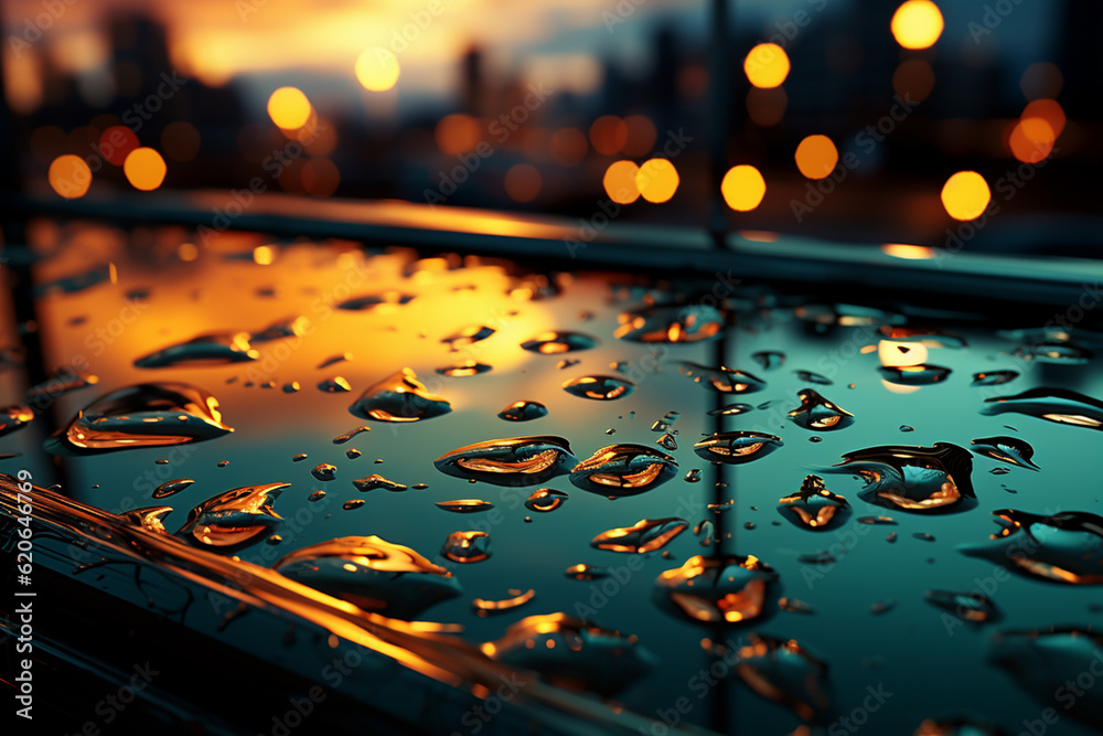 Poster a rainy windowpane with water droplets streaming down, distorting the view outside. generative ai te