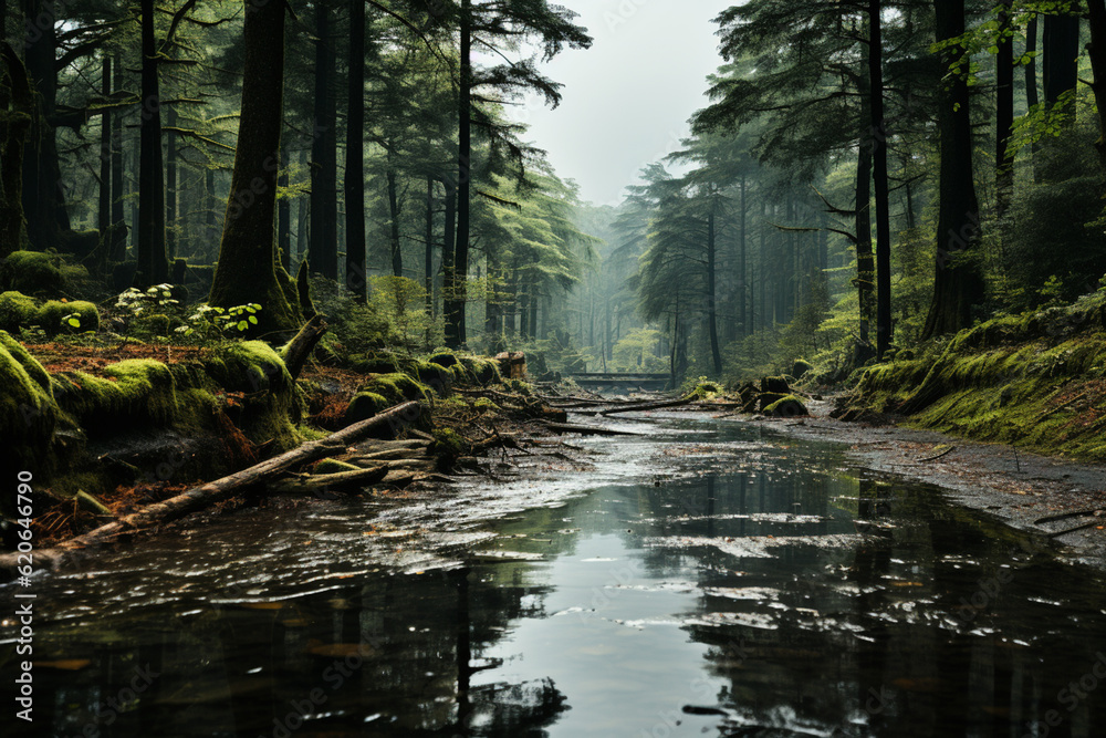 Poster a rainy forest scene with misty trees and lush green foliage, evoking a sense of tranquility and ser