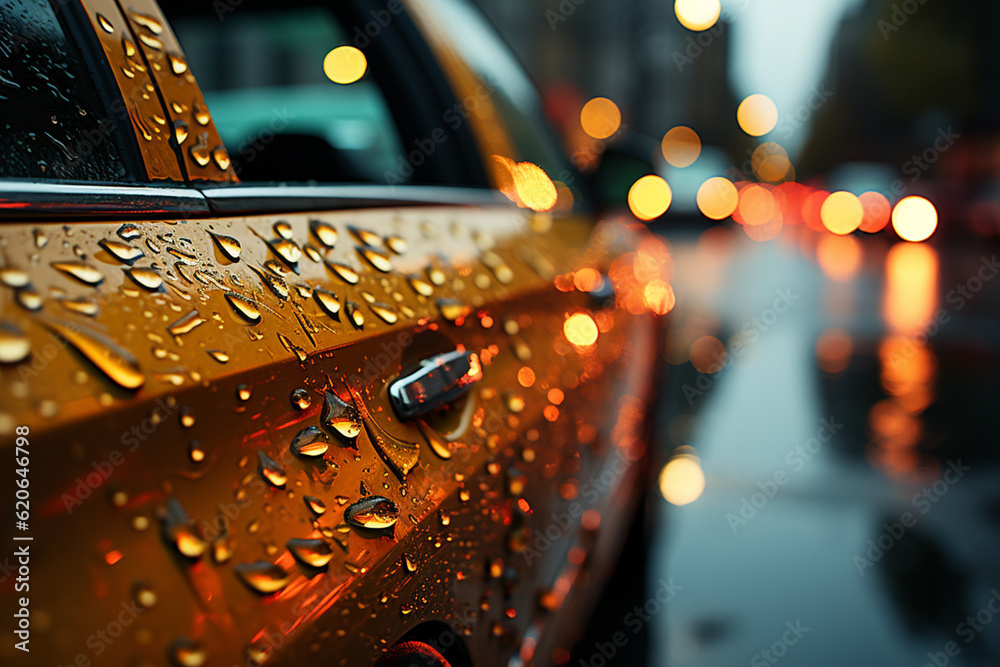 Poster raindrops falling on a car windshield, blurring the view of the road ahead. generative ai technology