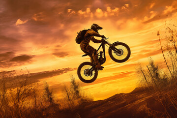 Naklejka na ściany i meble A captivating silhouette of a man on a bike, jumping in mid-air against a backdrop of a golden sunset, . Generative AI technology.