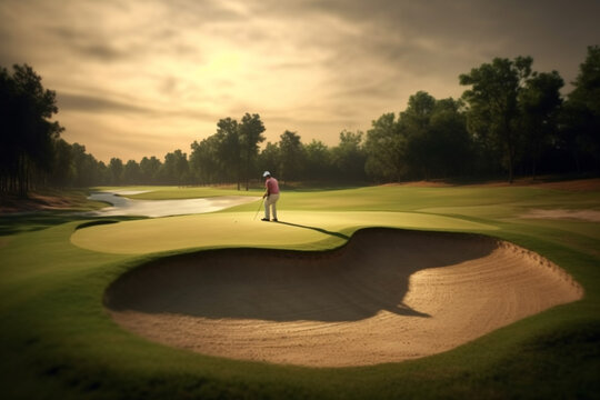 An image of a golfer chipping onto the green with a bunker in the background.  Generative AI technology.