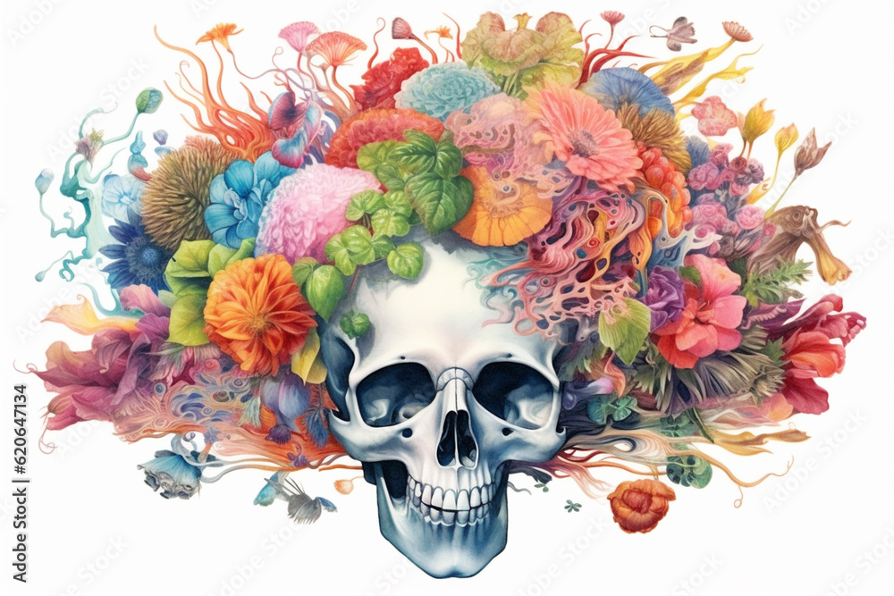 Poster A mixed media artwork combining watercolor techniques and floral motifs to form a brain. Generative AI technology.