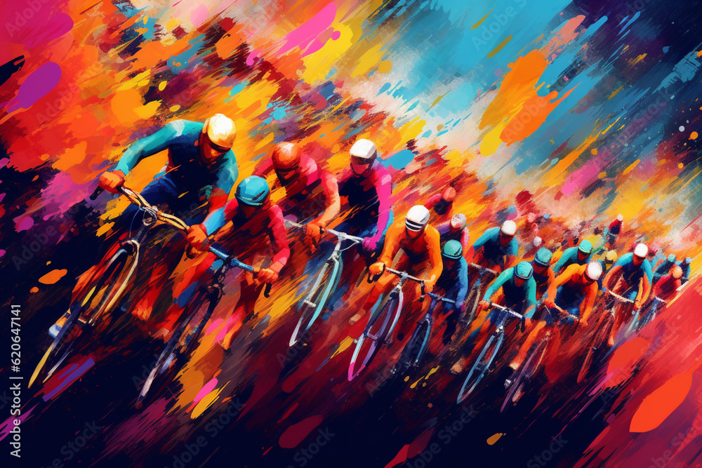 Aufkleber a dynamic and energetic abstract artwork depicting a bicycle race with bold and vibrant colors. gene