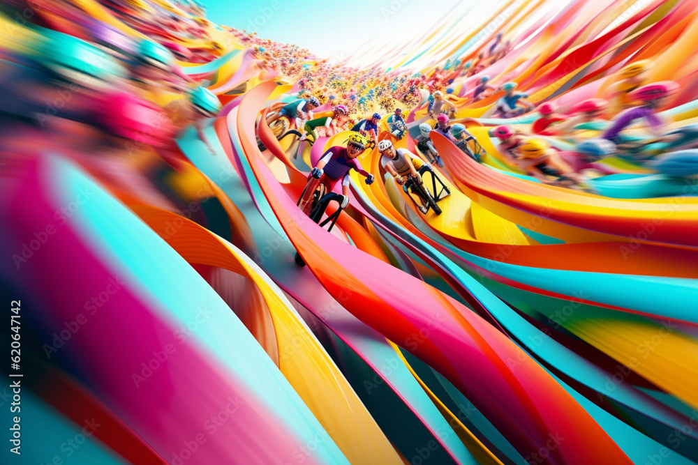 Aufkleber A digital composition showcasing abstract lines and shapes resembling bicycles in a race, creating a sense of movement. Generative AI technology.