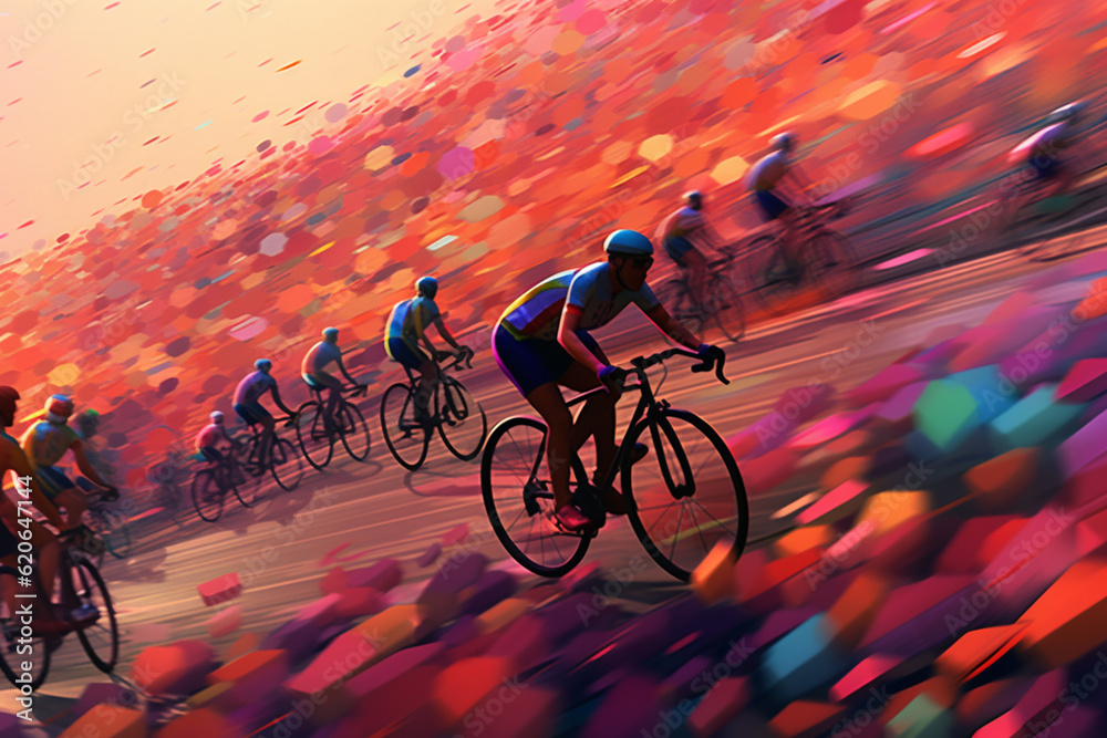 Aufkleber A surreal and dreamlike depiction of bicycle racers in a vibrant and abstract landscape, blurring the lines between reality. Generative AI technology.