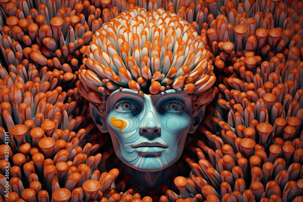 Poster An abstract depiction of a mushroom-based human head, with the mushrooms arranged in an orderly pattern to form. Generative AI technology.