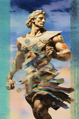 An abstract collage using different textures and layers to create a visually striking representation of an Olympian god. Generative AI technology.