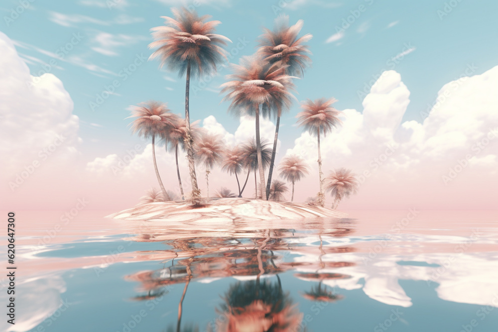 Poster floating oasis: a captivating image of palm trees suspended in mid-air, defying gravity in an abstra