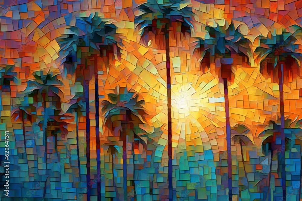 Fototapete mosaic palms: a mosaic-style composition featuring palm trees in an abstract surreal landscape. gene