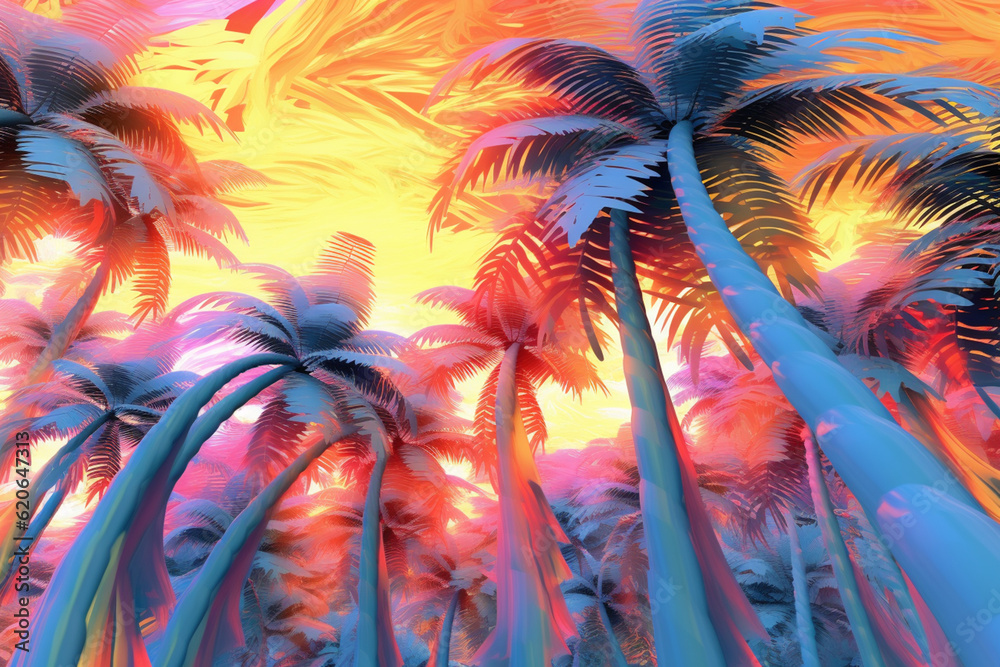 Poster Palm Tree Symphony: A symphony of colors and shapes, featuring palm trees in an abstract surreal landscape. Generative AI technology.