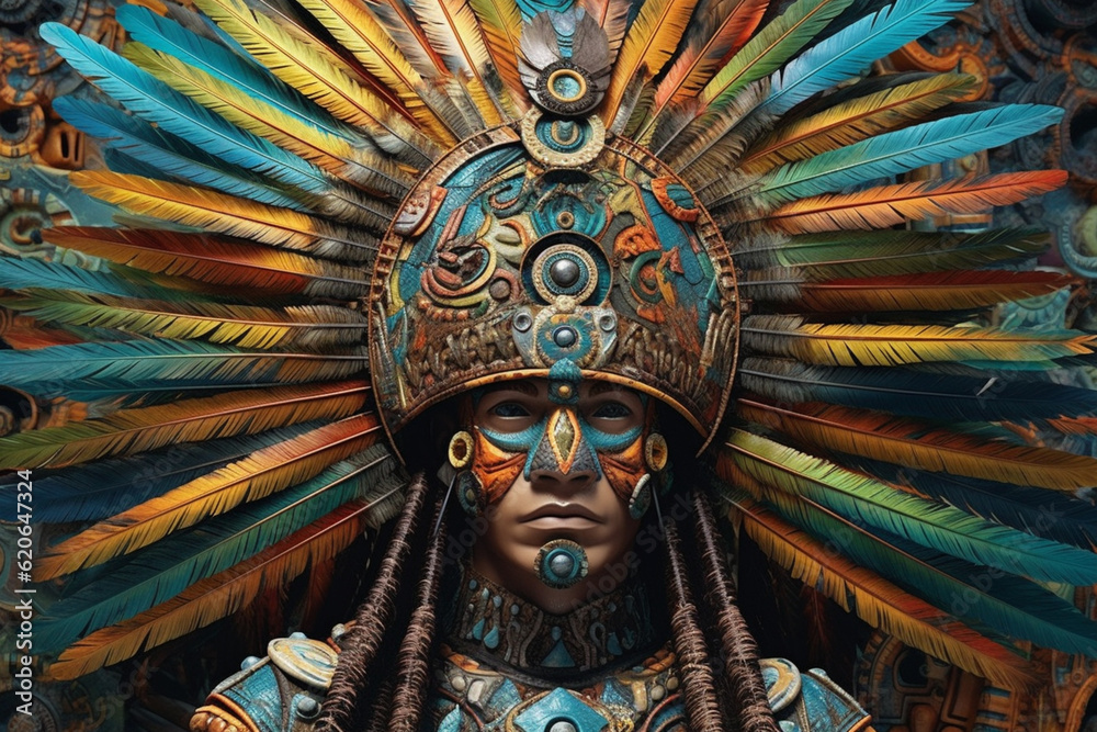 Poster Warrior's Pride: A striking representation of an abstract Aztec warrior displaying their fierce pride.. Generative AI technology.