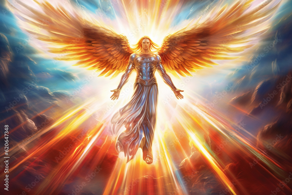 Poster an awe-inspiring depiction of an abstract archangel emanating radiant light. generative ai technolog