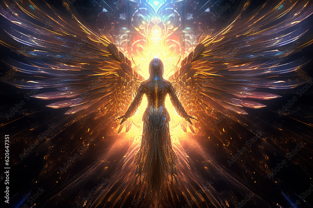 Poster guiding light: a captivating image showcasing an abstract archangel as a guiding light in the darkne