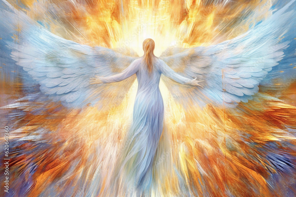 Poster Ascending Spirit: An image that portrays the abstract form of an Archangel ascending towards the heavens. Generative AI technology.