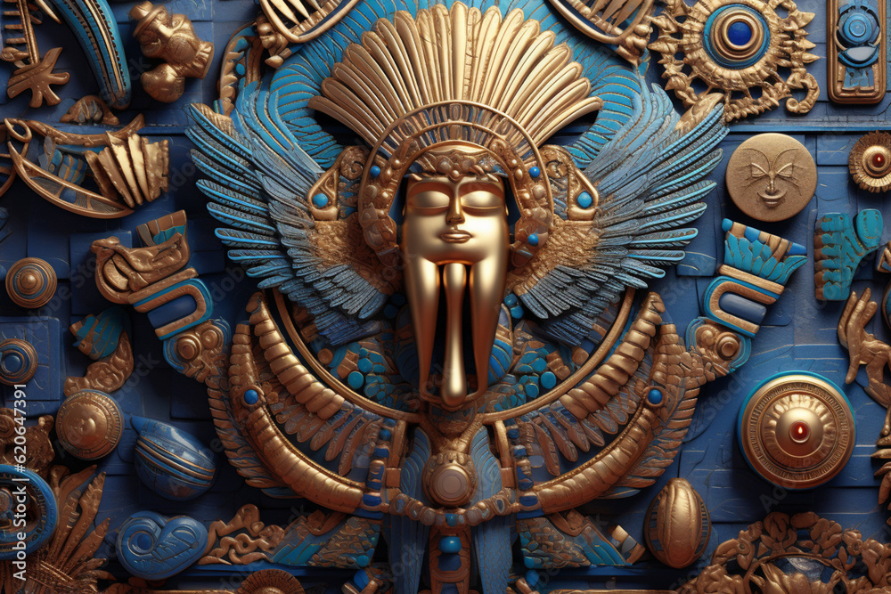 Poster The image features intricate patterns and symbolic elements, representing Ptah's association with artistic endeavors and craftsmanship.  Generative AI technology.