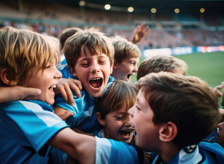 Fototapeta premium children football team celebrating victory. Generative AI