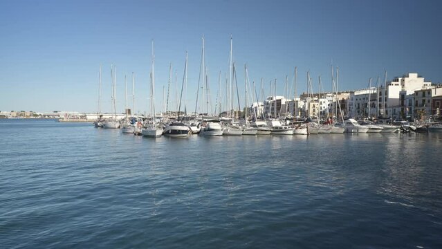 Harbour boats and Cathedral above Dalt Vila old town, UNESCO World Heritage Site, Ibiza Town, Ibiza, Balearic Islands, Spain