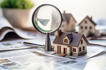 Miniature house with magnifying glass on desk with newspapers. Home searching concept. Real estate loan, mortgage, investments and housing development concept. Generative AI - obrazy, fototapety, plakaty