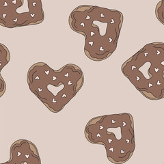 Heart shaped chocolate donut vector seamless pattern. Romantic Valentines Day background.