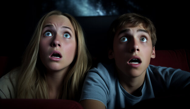 Young scared teenagers couple at the cinema watching an horror movie and screaming in the Cinema, looking scared. eating popcorn. Friday Night